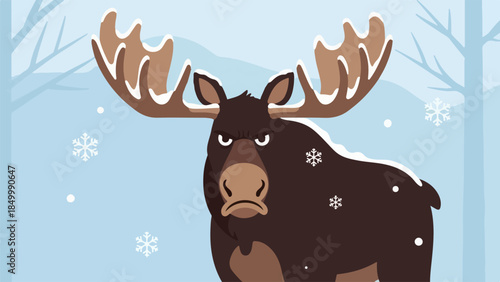 Illustration of a moose in a snowy winter landscape with frosted evergreen trees and light blue skies