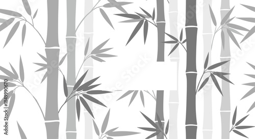 Seamless Japanese-style pattern of grey bamboo stalks and leaves on a white background for a tranquil and zen design.