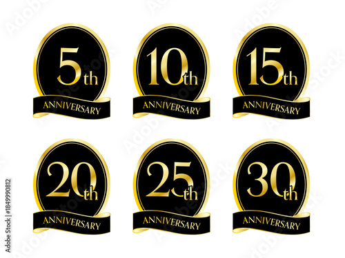 5周年から30周年までの高級感ある周年記念バッジセット｜アニバーサリー,記念,エンブレム,ブラック,ゴールド