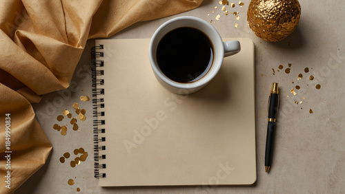 Minimalist Workspace Flat Lay with Coffee Cup, Notebook, and Pen on Neutral Background