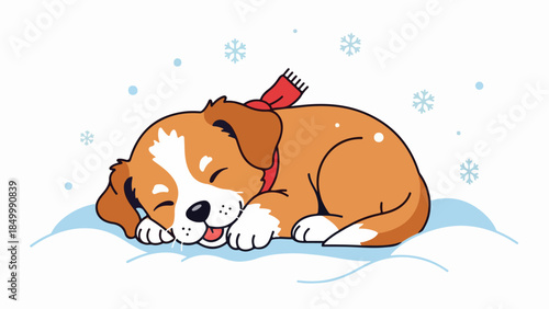 Brown and white dog sleeping in a snowy winter landscape with a red collar