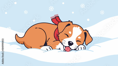 Brown and white dog wearing a red scarf sleeping in a snowy landscape