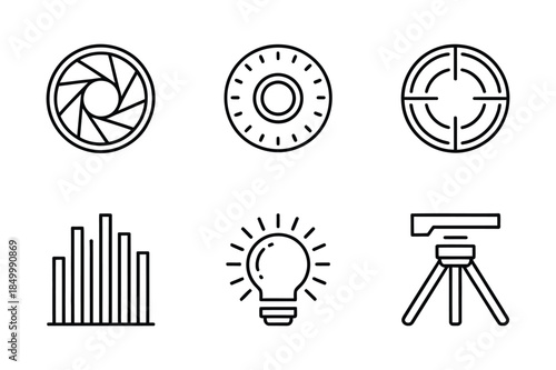 Photography icons set: aperture, lens, scope, chart, lightbulb, tripod - creative studio line art
