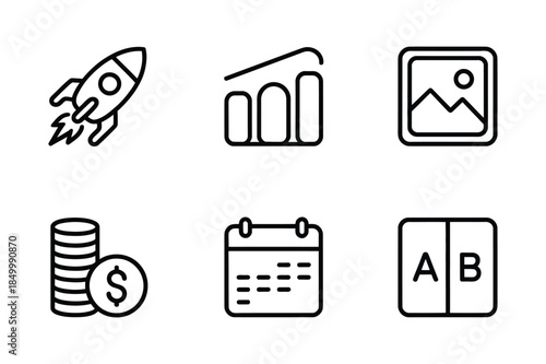 Business growth icons set: rocket, chart, photo, money, calendar, A/B test - startup concept line art