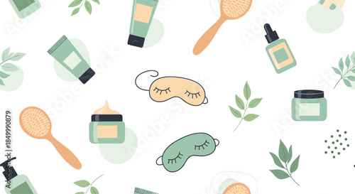Seamless pattern of cute skincare and beauty products including creams sleep masks and brushes for a self-care background.