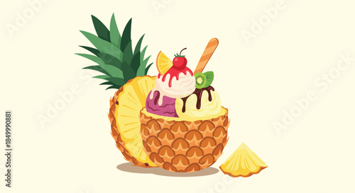 Tropical summer dessert illustration of a delicious ice cream sundae served in a fresh pineapple bowl with fruit toppings.
