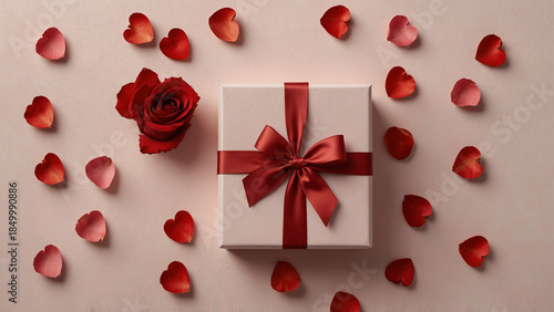 Romantic Gift Box with Red Ribbon, Rose and Heart-Shaped Petals on Soft Pink Background