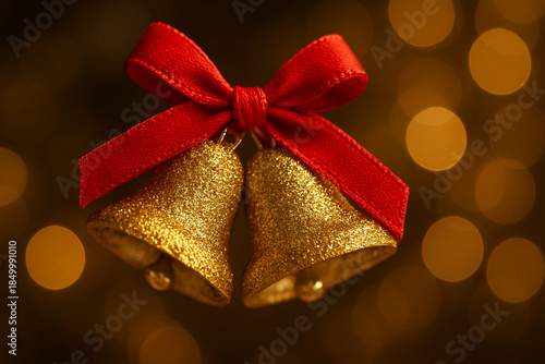 Golden Christmas Bells with Red Ribbon on Festive Bokeh Background