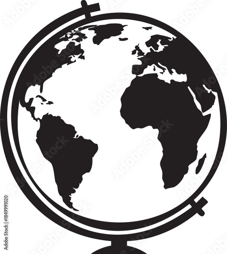 Black silhouette of a globe on a stand showing continents earth world