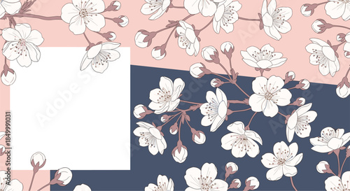 Modern floral background with cherry blossoms on a pink and navy blue color block design with a white text box.