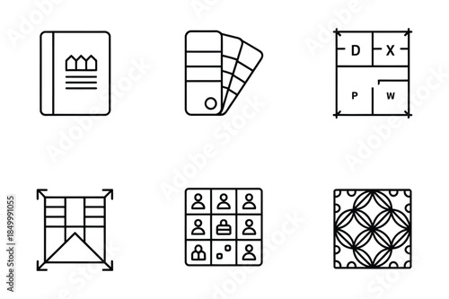 Design and architecture icons set: book, color swatch, floor plan, window, people, pattern - line art