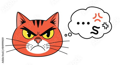 Vector illustration of an angry orange cartoon cat's face with a thought bubble showing frustration and rage symbols.