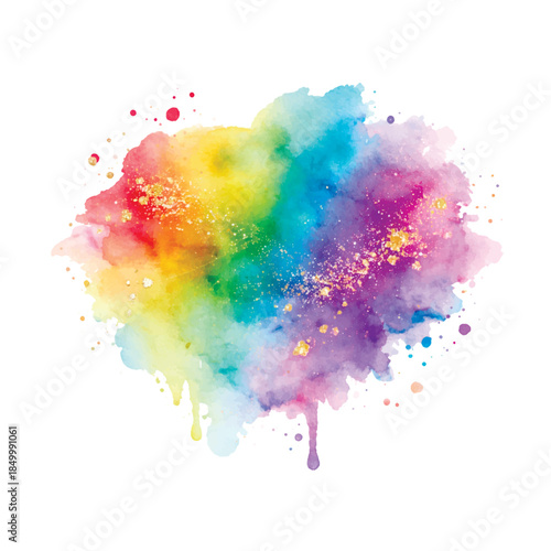 Vibrant rainbow watercolor splash with golden glitter accents and drips. Abstract colorful ink blot isolated on white. Creative art background for festive designs. Vector illustration.
