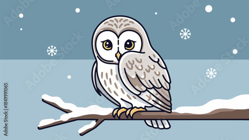 Gray and white owl perched on a snow-covered branch in a winter landscape