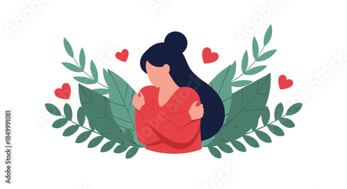 Woman hugging herself with love and care surrounded by leaves in a concept illustration of self-love and acceptance.