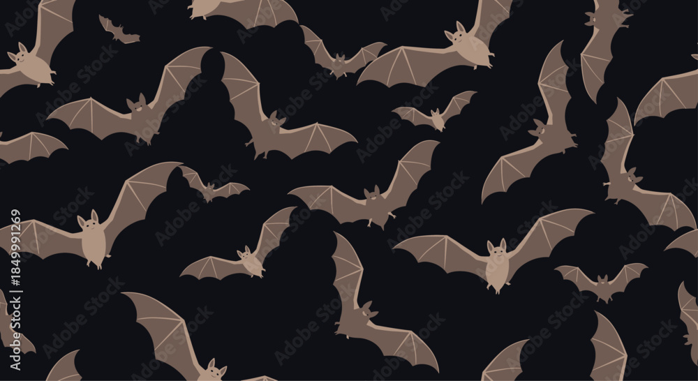 Fototapeta premium Spooky seamless pattern of flying brown bats on a black background perfect for Halloween decorations and textiles.