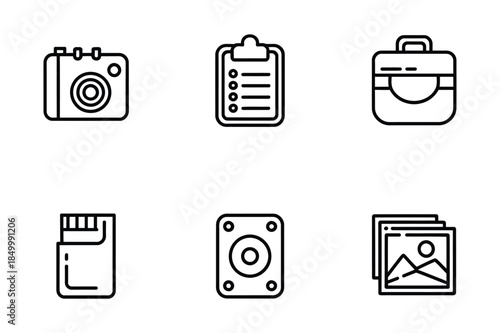 Media and storage icons set: camera, checklist, briefcase, memory card, hard drive, photos - line art