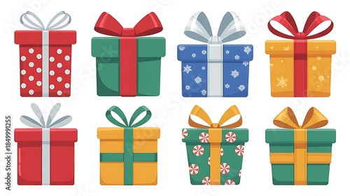 Colorful set of Christmas gift boxes with ribbons and bows