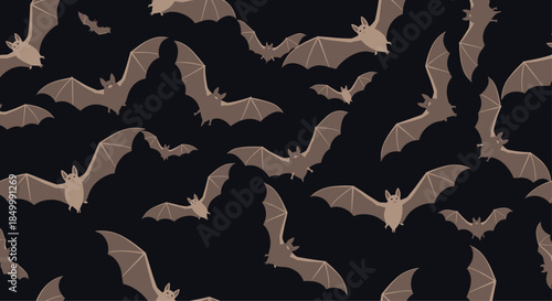 Spooky seamless pattern of flying brown bats on a black background perfect for Halloween decorations and textiles.