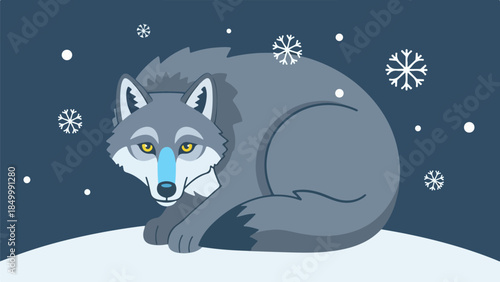 Stylized illustration of a wolf in a serene winter scene with snowflakes and a dark blue background