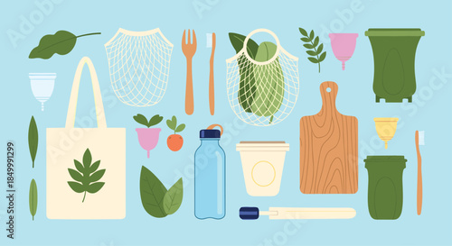 Collection of zero waste and eco-friendly lifestyle items including reusable bags cutlery and hygiene products for sustainability.