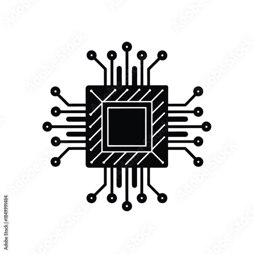Black silhouette of microprocessor chip with detailed circuit lines and connection points