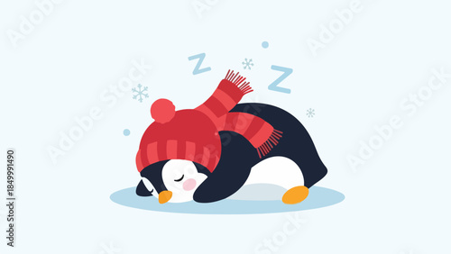 Playful illustration of a cozy penguin resting in a winter setting with a red hat and scarf