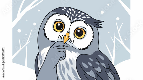 Illustration of an owl with yellow eyes and beak holding a small object in its foot, set against a soft blue winter landscape