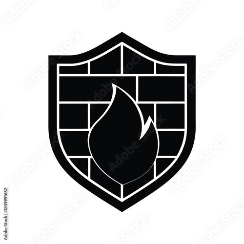 Firewall shield with brick wall pattern and flame black solid icon vector illustration