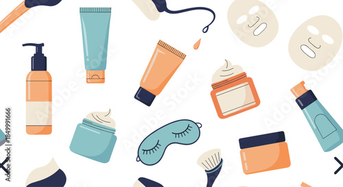 Seamless pattern of various colorful skincare and beauty products for a daily self-care and cosmetic routine background.