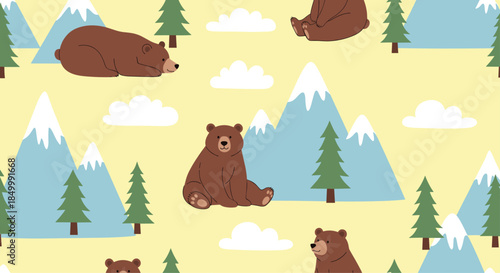 Seamless children's pattern with cute brown bears in a landscape of mountains trees and clouds on a yellow background.