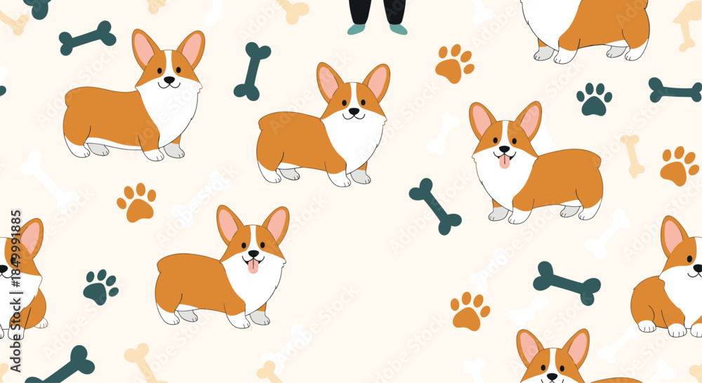 Naklejka premium Adorable seamless pattern with cute cartoon corgi dogs in various poses with paw prints and bones on a light background.