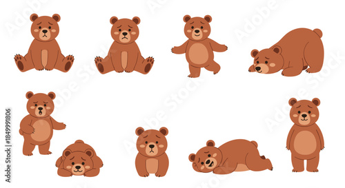 Adorable collection of a cute brown teddy bear character in various poses and expressing different emotions for kids design.