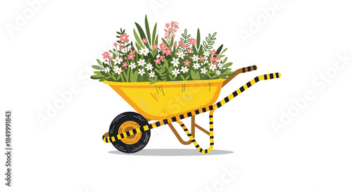 Bright yellow garden wheelbarrow with striped handles overflowing with a beautiful bouquet of pink and white flowers.