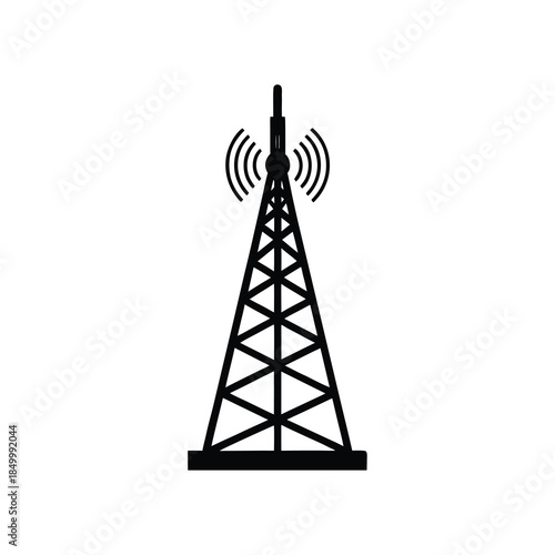 Black and white antenna tower emitting radio waves icon on a white background