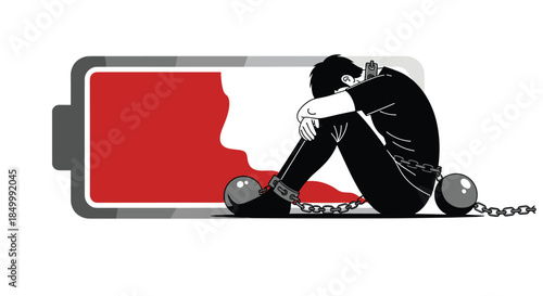 Conceptual illustration of a tired and chained person sitting inside a low red battery symbolizing burnout and exhaustion.