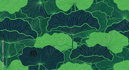 Abstract seamless pattern of stylized dark blue and vibrant green lotus leaves creating a dense and lush textured background.