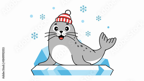 Cartoon seal with red and white striped hat waving on ice floe with snowflakes