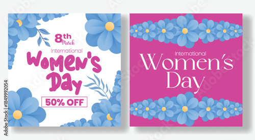 8 March Women’s Day Square Flyer and Poster Template Design featuring Floral Illustration Background and Female Face Silhouette for Event Promotion and Advertising Banner