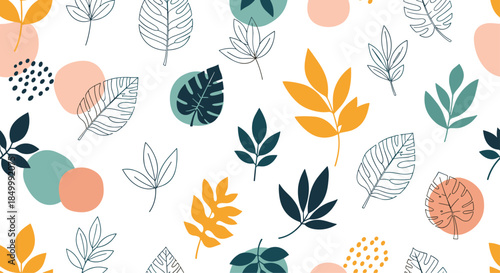 Modern seamless pattern with abstract leaves and geometric shapes in a trendy pastel color palette for a stylish background.