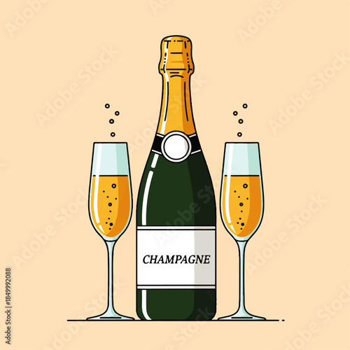 Isolated vector illustration of a luxury champagne bottle and glass with a blank green label and cork for a white background celebration party beverage object