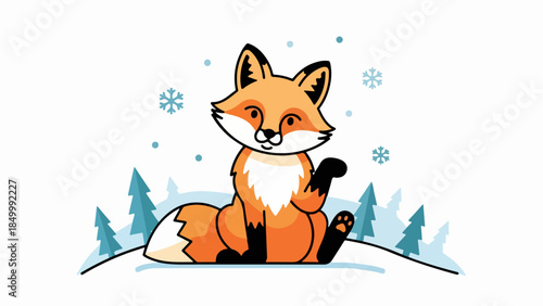 Illustration of a lively orange fox with black legs and white underbelly sitting upright in a winter landscape with snow-covered trees and snowflakes