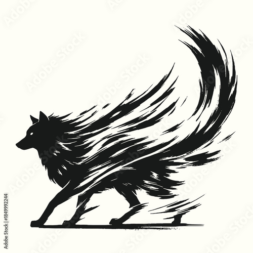 Dynamic mythical wolf silhouette illustration in black ink brush style, powerful fantasy animal concept vector art for logo, tattoo, gaming, and branding design