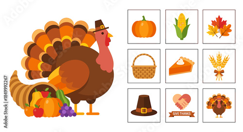 Flat lay illustration of a cartoon turkey with a pilgrim hat surrounded by Thanksgiving-themed icons on a white background with autumnal colors.