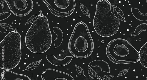 Seamless pattern with hand-drawn chalk style avocados whole and sliced on a black chalkboard background for menu design.