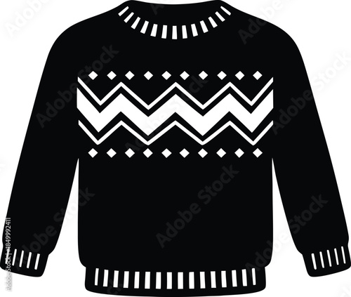 A black vector icon of a winter Fair Isle sweater, featuring a geometric zigzag pattern across the chest
