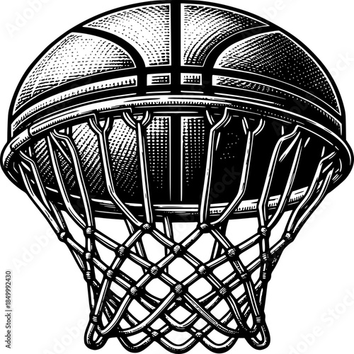 Slam Dunk Moment: A black and white illustration of a basketball swishing through the net, capturing the thrill of the game and the precision of the shot.