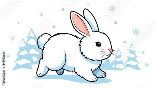 Whimsical illustration of a white rabbit in a snowy winter forest