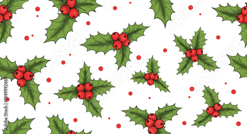 Seamless Christmas holiday pattern with classic green holly leaves and red berries scattered on a clean white background.