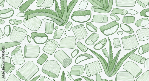 Seamless pattern background of hand-drawn aloe vera plant pieces and slices for natural skincare and cosmetic products.